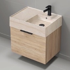 Floating Small Bathroom Vanity, Modern, 24 inch, Travertine Style Sink